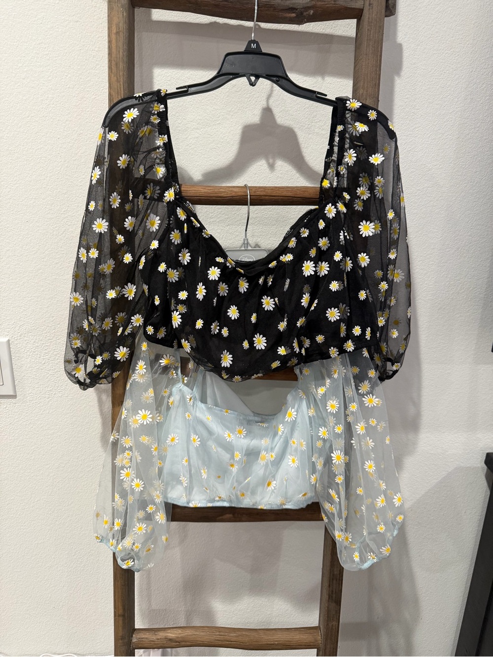 SHEIN Black & Light Blue Sheer Daisy Puff Sleeve Crop Top Duo